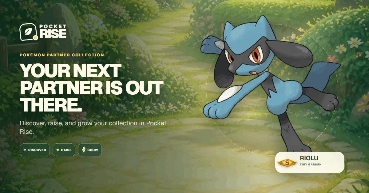 Pocket Rise hero artwork featuring Riolu in Forest Glade