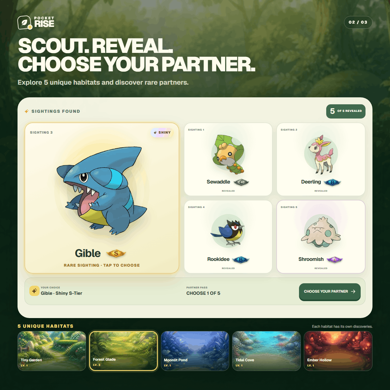 Pocket Rise scouting screen with five partner sightings across five habitats